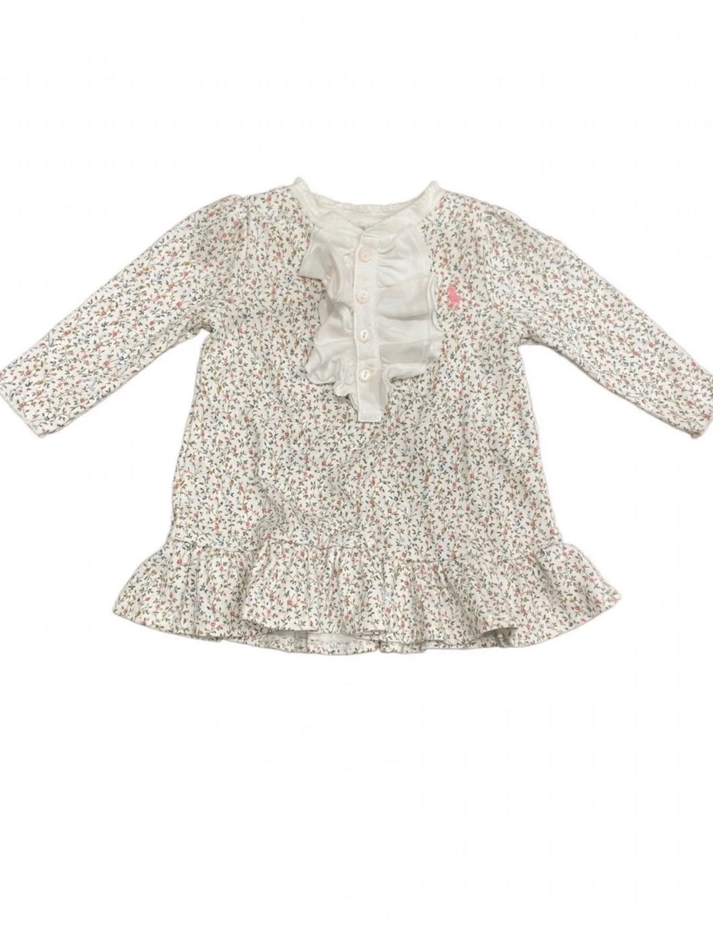 Ralph Lauren White Floral Ruffle Long-Sleeve Dress 3M
